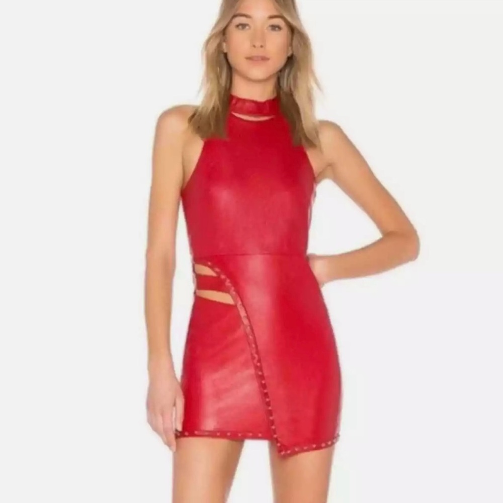 Revolve Bright Red Faux Leather Bodycon Dress with stud details, size medium